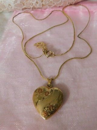 Vintage 14k Gold Filled Etched Rose Flowers Heart Locket Signed 14k Gf