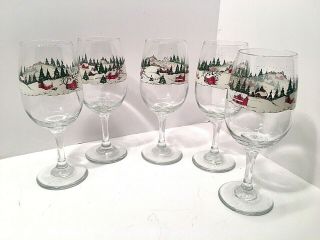 Vintage Libbey Christmas Tree Winter Snow Scene Set Of 5 Wine Glasses Stemware