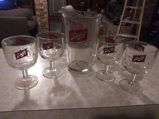 Vintage Schlitz Beer Pitcher And Four Pedestal Glass 