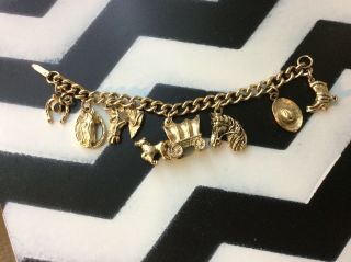 Vintage Horse Charm Bracelet Gold Tone Cowboy Stagecoach Western Country Boots