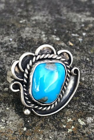 Vtg.  Old Pawn Unique Navajo Sterling Silver Turquoise Ring Sz.  6.  75