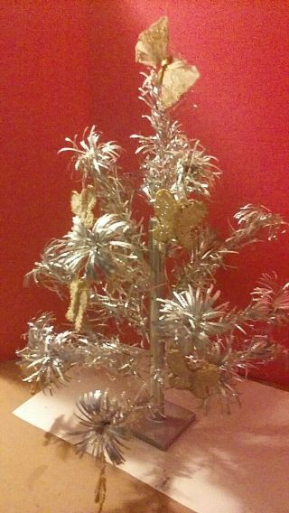 VTG Pom Pom Aluminum Tree,  2 ft Tabletop 19 Branches w/7 Vintage Ornaments 3