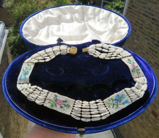Antique Georgian 1820 Glass Beads Flower & Pinchbeck Clasp Collar/necklace
