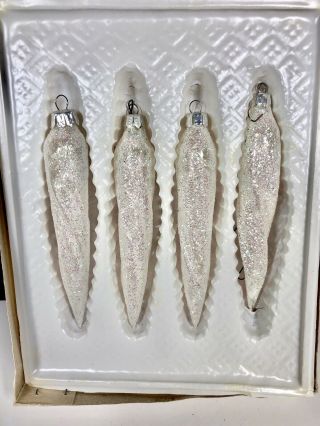 Xmas Ornaments Glass Vintage 4 Large Teardrop Icicle Clear Glitter White