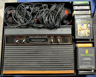 Vintage Atari Game Console Model Cx - 2600a W/ 5 Controllers,  Cords And 17 Games