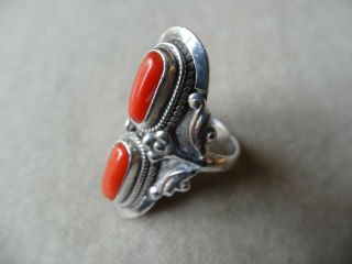 Vintage Jewellery Art Nouveau Style Sterling Silver Real Coral Wide Ring