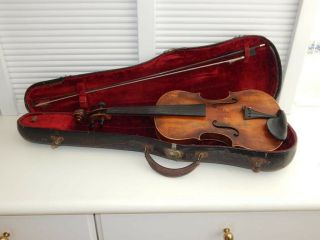 Old Antique German Violin,  Bow,  And Case