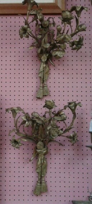 Ornate Antique Art Nouveau 3 Light Brass Wall Candle Holders,  Sconce
