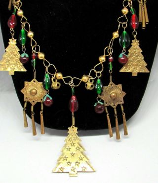 Vintage Mexican Wedding Necklace Christmas Tree Glass Bead Star Dangle Charms