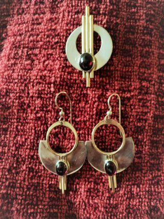 Ptp Signed Vintage Modernist.  925 Sterling Silver Earrings & Brooch Pin Set