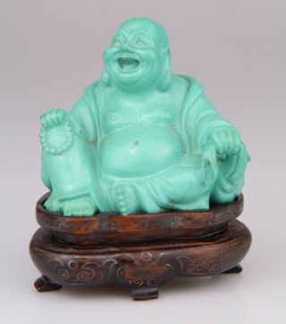 Antique Chinese Carved Turquoise Buddha Figure Wood Stand 19th C Qing