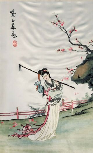 Antique Chinese Hand Embroidery Silk Woman Bird Crane Panel Textile Magu