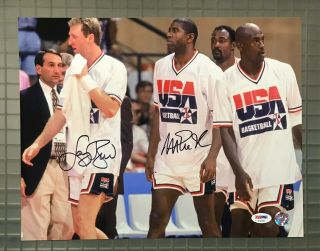 Magic Johnson & Larry Bird Dual Signed 11x14 Usa Olympic Photo Psa/dna Loa Hof