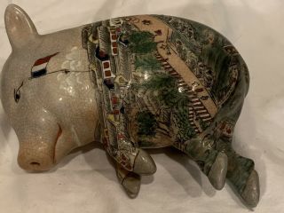 Vintage Hand Painted Porcelain Sleeping Pig Statue Chinese Figurine Good Luck