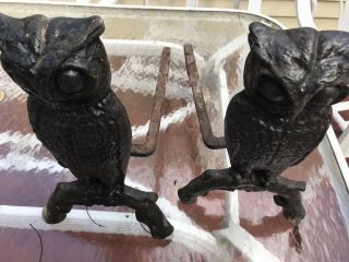 Vintage Antique Cast Iron Owl Fireplace Andirons And Irons 2