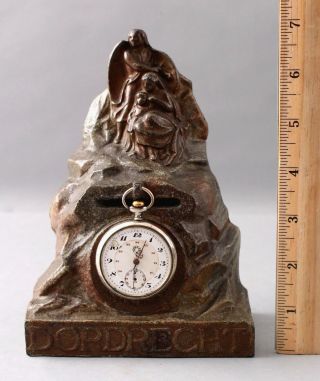 Rare Antique Painted Cast Iron Dordrecht Bank & Pocket Watch Holder Guardian An