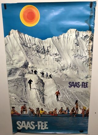 Vintage Airline Travel Poster Saas Fee Switzerland 1960’s Swiss Ski