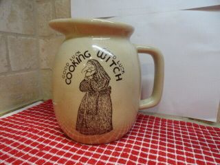 Vintage " Good Luck Cooking Witch " Ceramic Pitcher Utensil Holder.  No Cracks