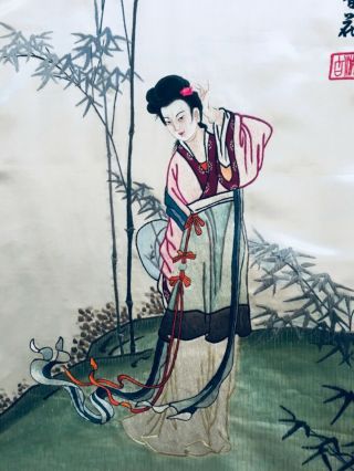 Antique Chinese Silk Embroidery Textile Panel Magu In Garden