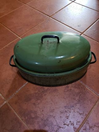 Vintage Green Large Enamel Turkey Roaster Roasting Pan With Lid Kitchen