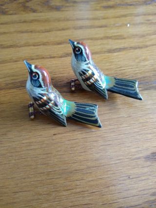 2 Vintage Takahashi Style Carved Wood Bird Brooches Hand Painted Lacquer