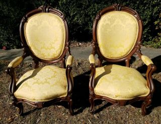 Pair Victorian Heavy Carved Walnut Upholstered Arm Chairs 8 - Way Hand Tied Seats