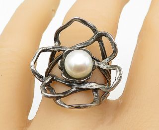 925 Sterling Silver - Vintage Freshwater Pearl Cocktail Ring Sz 7 - R10555