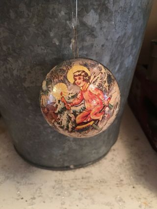 Vintage German Christmas Ornament Paper Mache Candy Container Ball Mica Angel