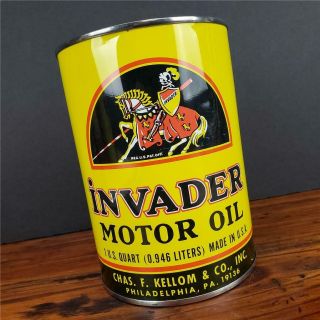 Vintage Nos Empty Invader 1 Qt.  Motor Oil Can Metal Gas Station Sign Quart