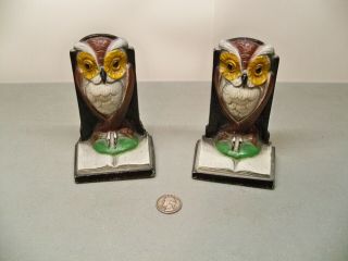 Vintage Painted Cast Iron Wise Old Owl On Open Book Bookends
