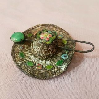 Vintage Antique Chinese Export Sterling Silver Jade Enamel Straw Hat Brooch Pin