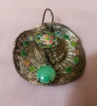 Vintage Antique Chinese Export Sterling Silver Jade Enamel Straw Hat Brooch Pin 2