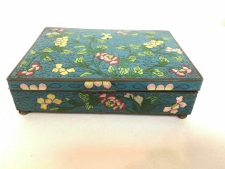 Antique Chinese Late Qing Early Republic Blue Cloisonne Box W/ Floral Decoration