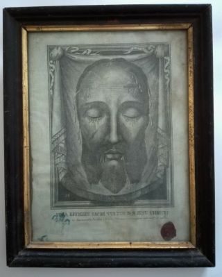 Antique Framed Veronica Veil - True Face Of Christ Relic - With Document 1893.