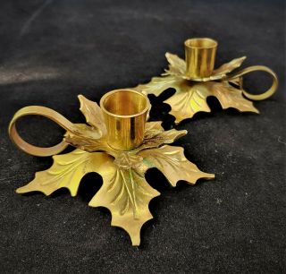 Vintage Brass Oak Leaf Chamber Sticks Candlestick Holders Poinsettias