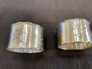 Antique Chinese Export Pair Sterling Silver Napkin Rings Wh Wang Hing 1.  75”