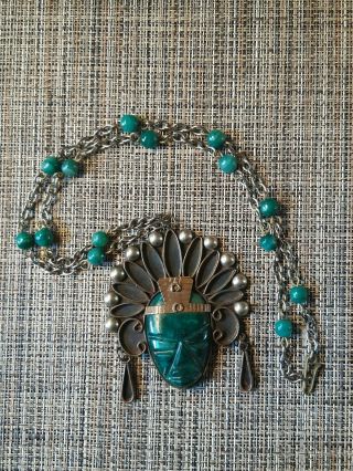 Vintage Mexico Mixed Metal Silver Copper Stone Tribal Face Green Jade Necklace