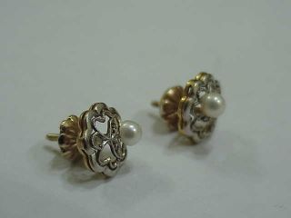 791 Antique Solid 14k White & Yellow Gold Diamonds Pearl Threaded Post Earrings