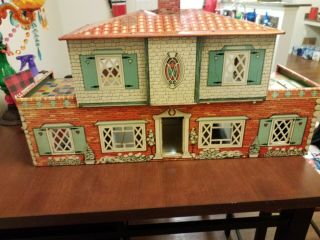 Vintage T Cohn Tin Metal Litho Doll House 2 Story With 2 Patios And Garage