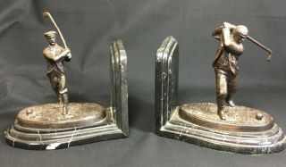 Vintage 1909 Golfer Brass/marble Bookends By G.  Reece - Pair