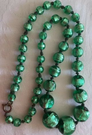 Vintage Art Deco Hand Made Murano Glass Green Foil Bead Necklace C1920/30’s