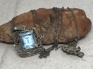 Vintage Art Deco Sterling Silver Blue Stone Pendant Old 20” Chain Necklace
