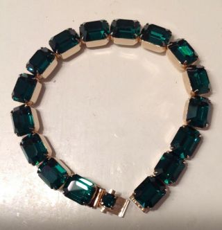 Vintage Signed Weiss Emerald Cut Green Glass Rhinestone Bracelet