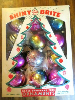 12 Vtg Shiny Brite Pink & Purple Ombre Tie Dye Mica Glass Xmas Ornaments,  Old Box