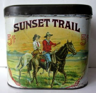 rare antique Sunset Trail tobacco tin humidor Roby Cigar Co Barnesville O cowboy 2