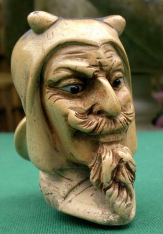 Antique Carved Lucifer Devil Satyr Bust Head Meerschaum Pipe With Glass Eyes