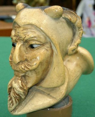 Antique Carved Lucifer Devil Satyr Bust Head Meerschaum Pipe with Glass Eyes 3
