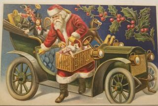 Vintage 1908 Postcard Santa Leaving His Automobile With A Basket Of Toys