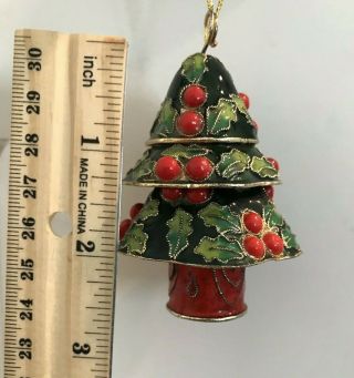 Vintage Cloisonné Christmas Tree Ornament Gold Red Green Holly Leaf Jingles