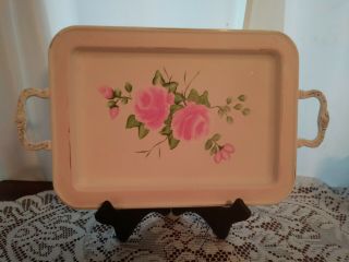 Shabby Chic Hand Painted Roses Vintage White Silver Plate Footed Tray